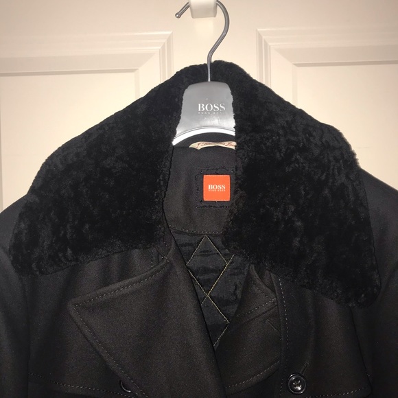 Hugo Boss Black Pea Coat with Faux Fur Collar
